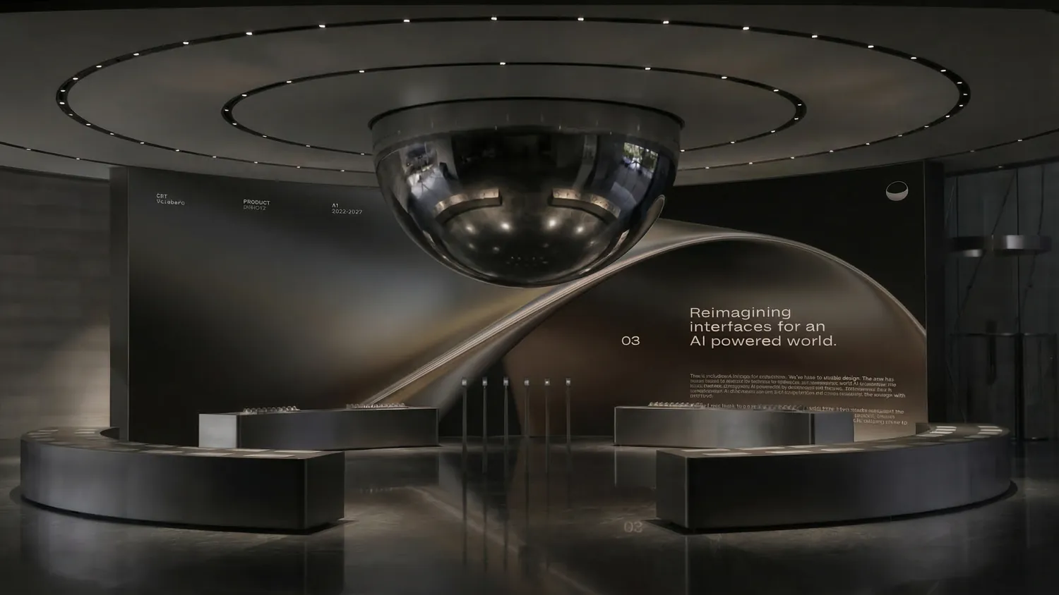 A dark circular exhibition hall with a mirrored dome in the ceiling and a curved bench.