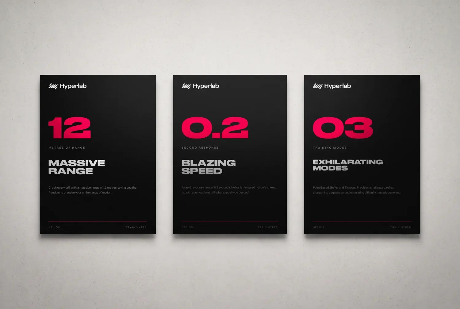 Three black posters in a row, each with a large red number and a short line of white text.